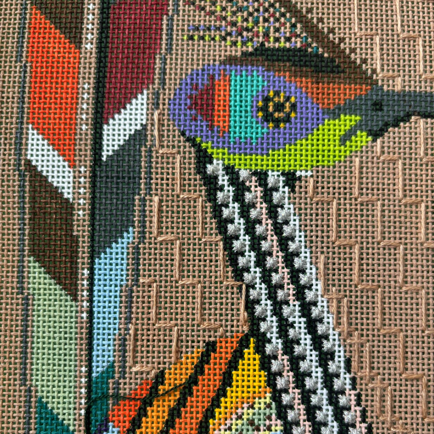 Colorful Bird and Sunset Needlepoint Canvas WIP - Janice’s Stash